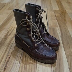 Sperry Brown Leather and Olive Canvas Combat Moto Boots